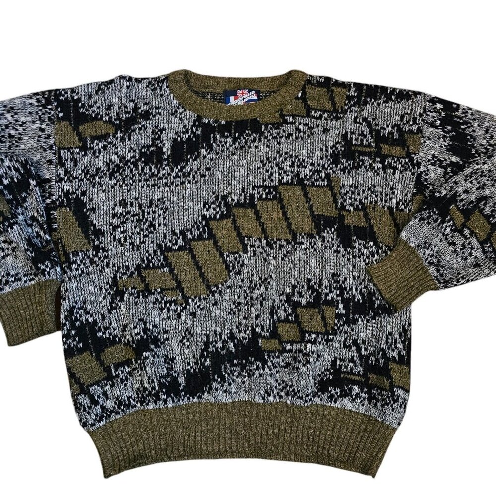 Vintage 80s Mens M Geometric Alpaca Blend Knit Sweater Gray Green Crewneck Fuzzy